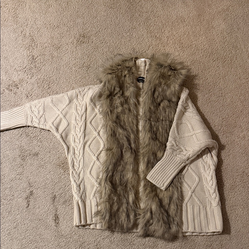 Cream Cable Knit Cardigan with Faux Fur Trim